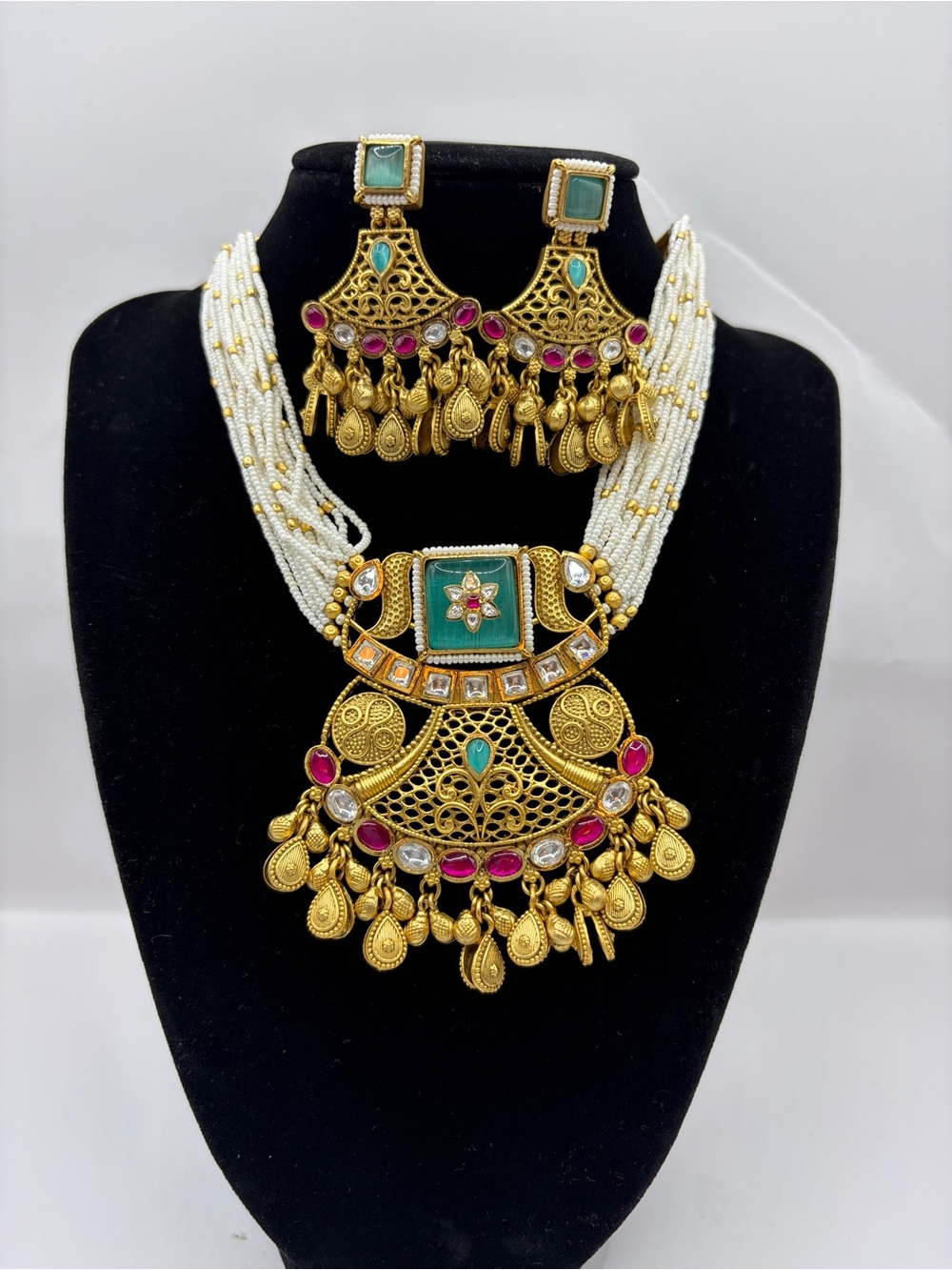 Traditional Indian Gold Plated Beaded Necklace Set with Green and Pink Accents
